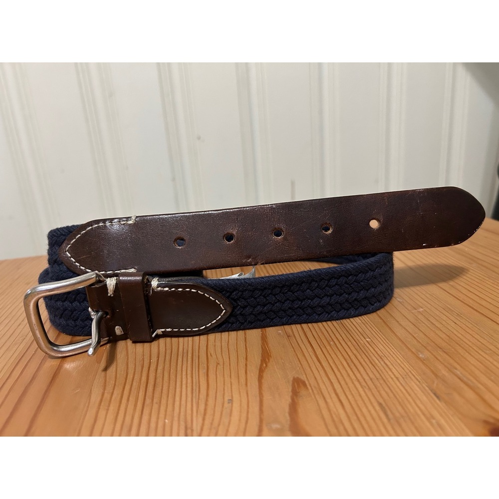 J.Crew Women Navy Blue Braided Cotton Belt Brown Leather Trim  Buckle Size 30